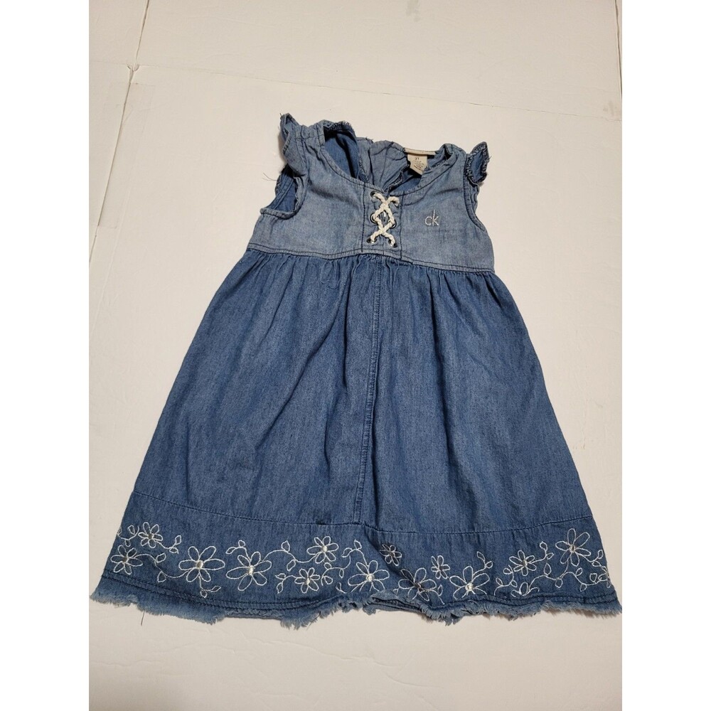 (L5)Calvin Klein Jeans Toddler Girl Chambray Eyelet Ruffle Denim Dress Size 3T
